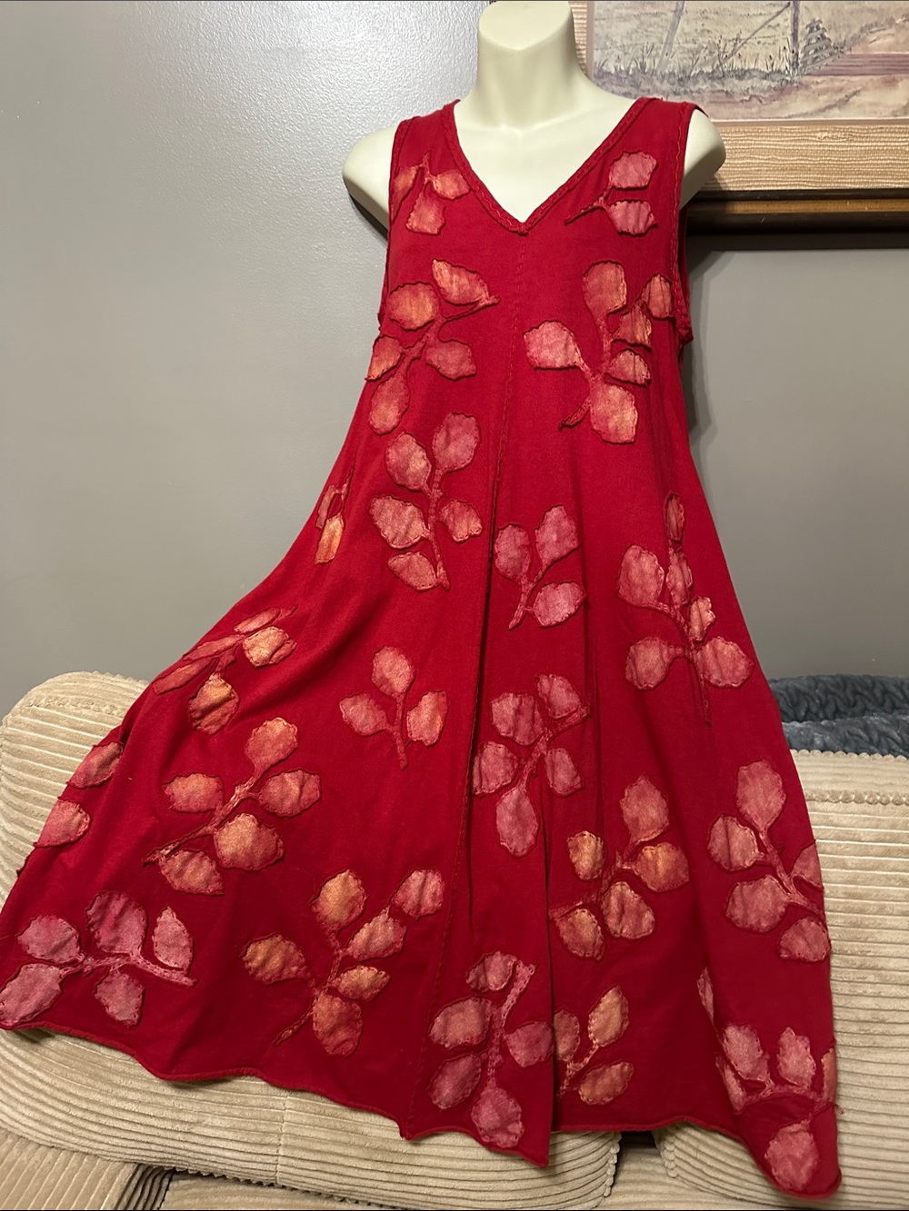 Burnt Red Raised Stitched Leaf  A-Line V-Neck 
Dress